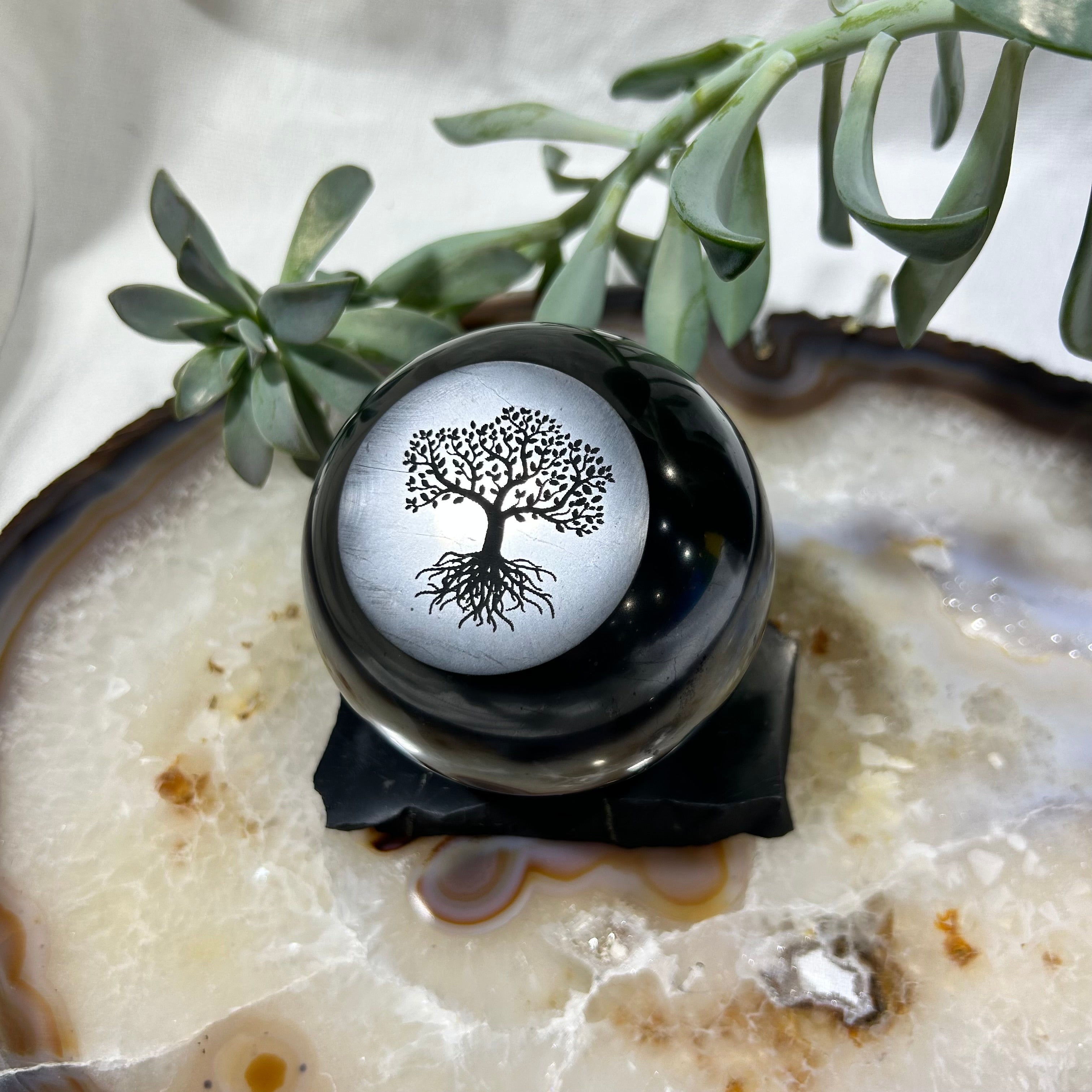 Shungite Engraved Sphere with Stand 8cm